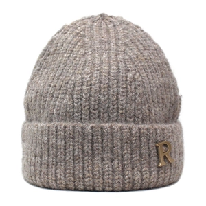 Women winter taupe knit beanie with golden R letter metal decor and ribbed cuff design