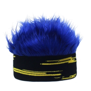 Bonnet perruque bleu avec base en tricot noir et rayures jaunes pour style hip-hop
