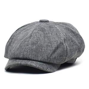 Classic grey linen texture newsboy cap with vintage octagonal top and stiff short brim