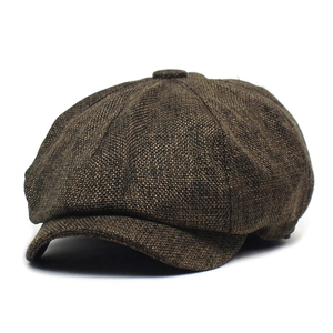 Classic brown newsboy cap for men featuring faux linen texture and retro octagonal panel design