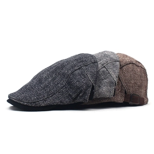Classic men's winter beret hats in grey and brown wool blend with metal adjustment buckles