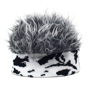 Creative bicolor knitted wig hat featuring messy grey hair and a black white headband