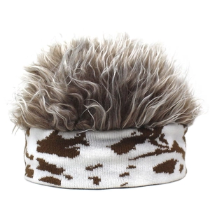 Knit headband beanie with brown spots and messy grey synthetic wig for cosplay hair