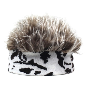 Creative knitted beanie with fuzzy faux hair top and stylish cow print headband for men