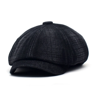 Mens thick fleece lined newsboy cap in black washed denim grid fabric octagonal style