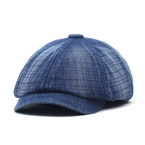 Vintage Men Washed Cotton Denim Plaid Newsboy Cap Thickened Fleece Lined Warm Beret Hat For Autumn Winter Casual Baker Boy Cap