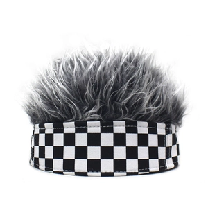 Checkered Docker Cap With Wig Novelty Fluffy Hair Hat Hip Hop Streetwear No Brim Beanie For Men Women Party Cosplay
