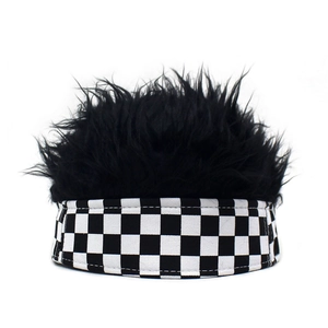 Hip hop checkerboard beanie hat with black fluffy faux hair wig decor on white background
