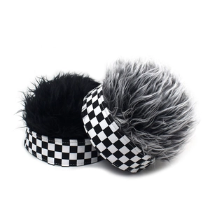 Hip-hop checkerboard docker cap with long fluffy synthetic hair wig, black and grey set