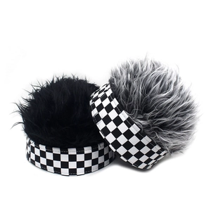 Hip hop checkered beanie with short synthetic hair wig top in black and salt-and-pepper
