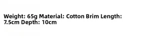 Detailed specifications for cotton military cap showing material, weight and dimensions