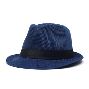 Close-up of navy blue breathable linen fedora featuring textured weave and black satin band
