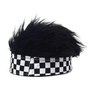 Detail of fuzzy faux hair topper with black and white checkered hip hop docker cap