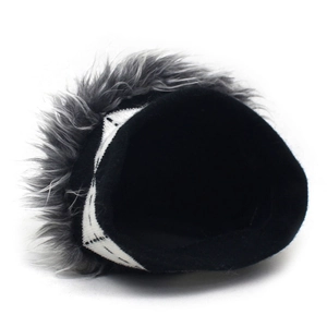 Detailed view of creative knitted beanie with grey synthetic wig hair and geometric patterns