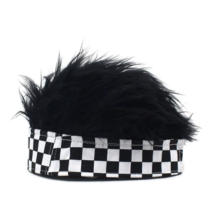 Detail of creative plush wig hat with classic black and white checkered canvas brim