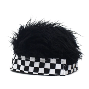 Close-up of fluffy black wig top with black and white checkerboard canvas docker hat brim