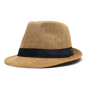 Unisex breathable linen trilby hat with black ribbon band for summer outdoor travel