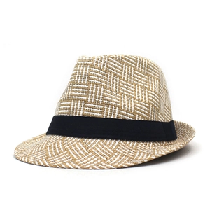 Classic fedora straw sun hat with woven grid texture and black grosgrain ribbon band