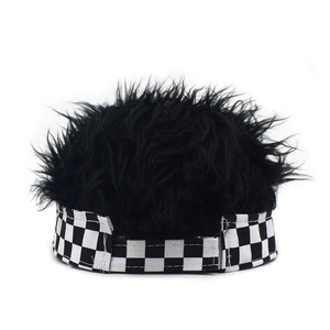 Macro view of checkered docker hat featuring thick black synthetic wig hair and stitching