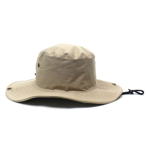 Men's wide brim sun hat with adjustable wind cord for hiking and fishing in khaki cotton