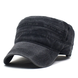 Classic washed cotton flat top military cap in vintage black with stitched details