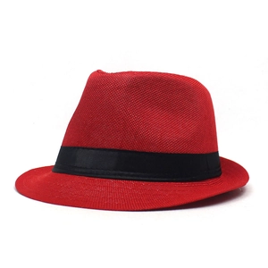 Classic red woven fedora hat with black satin band for summer hiking and travel