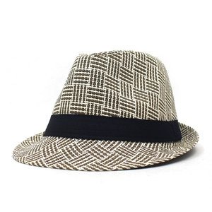 Unisex breathable straw fedora hat with brown white weave and black ribbon for beach travel