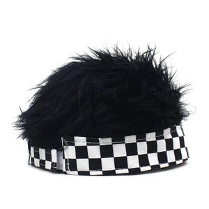 Detailed view of the adjustable velcro strap on a checkerboard patterned wig hat