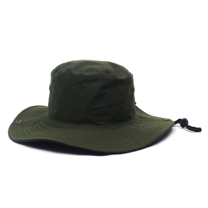 Olive green wide brim sun hat with adjustable chin strap for fishing and hiking
