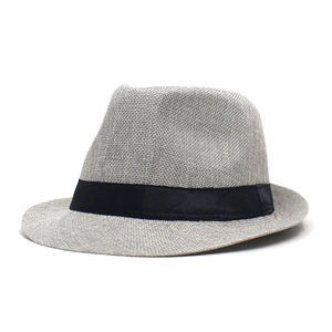 Breathable light grey linen fedora hat for summer with a classic black decorative ribbon band
