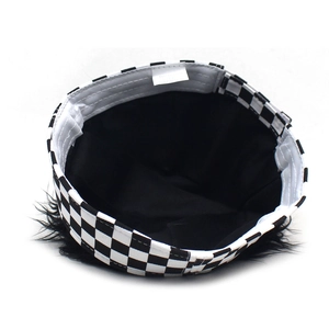 Hip hop black and white checkerboard beanie with long black plush fur trim for street style