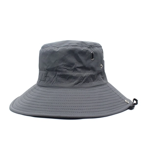 Men's dark gray wide brim sun hat with breathable metal eyelets and adjustable chin strap