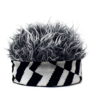 Creative knitted beanie with grey faux wig top and striped pattern for winter party fashion