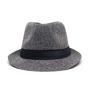 Close-up of gray breathable linen fedora with woven texture and black ribbon detail