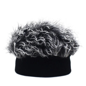 Detailed macro view of the knitted base and fluffy grey synthetic wig fiber texture