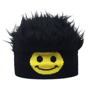 Funny Wig Knit Beanie Hat With Smiley Face Pattern For Men Women Hip Hop Novelty Winter Warm Skull Cap Party Prop