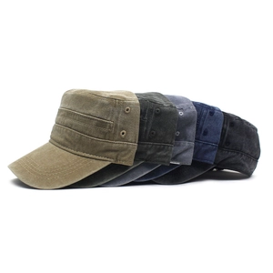 Side view of vintage washed cotton military hats in khaki, green, grey, blue, and black