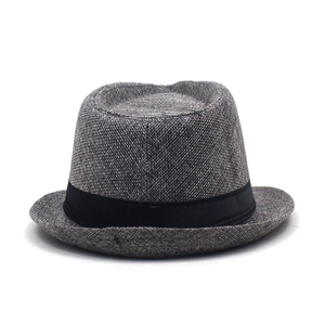 Close-up of gray breathable linen fedora hat with a black decorative ribbon band