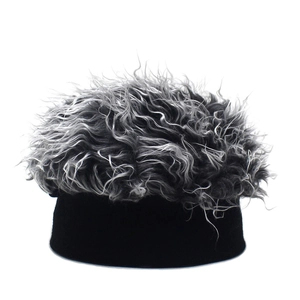 Close-up of the curly textured synthetic hair fibers and black knit base of this novelty wig hat