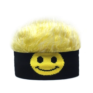Black knitted beanie featuring a vibrant yellow wig and a classic smiley face pattern
