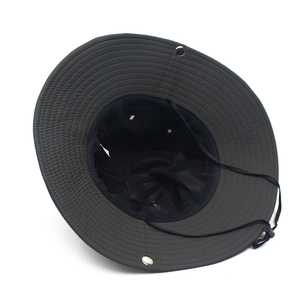 Detail view of quick-dry sun hat with wide brim, windproof rope and mesh lining