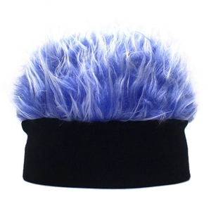Detailed shot of blue faux fur wig hat with black knitted headband for costume parties