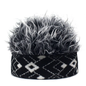 Detailed close-up showing the knitted texture and grey-white faux hair on the wig hat