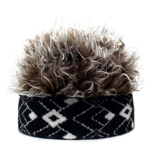 Macro shot of black and white argyle knit headband with fluffy brown curly wig hair