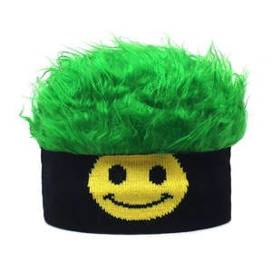 Funny green hairy knit beanie with yellow smiley face pattern and black ribbed band