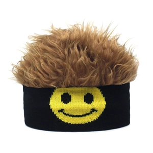 Funny smiley face knitted beanie with brown synthetic wig hair for hip hop party look