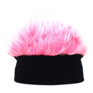 Detail of creative knit wig hat with black base and pink faux hair for fun costume