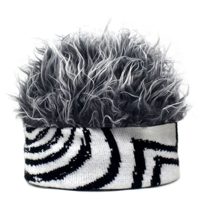 Creative wig beanie with fluffy grey faux hair and a geometric patterned knit headband