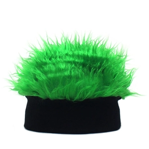 Funny neon green fuzzy wig beanie with black knitted cuff for parties and cosplay events