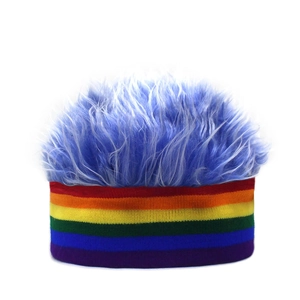 Funny Wig Hat With Rainbow Striped Knitted Band Colorful Spiky Faux Hair Novelty Beanie Party Carnival Hat For Unisex Adult
